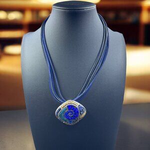 Chicos Blue Mosaic Pendant‎ Necklace 20 Inch Boho Artistic Statement Rope Cord